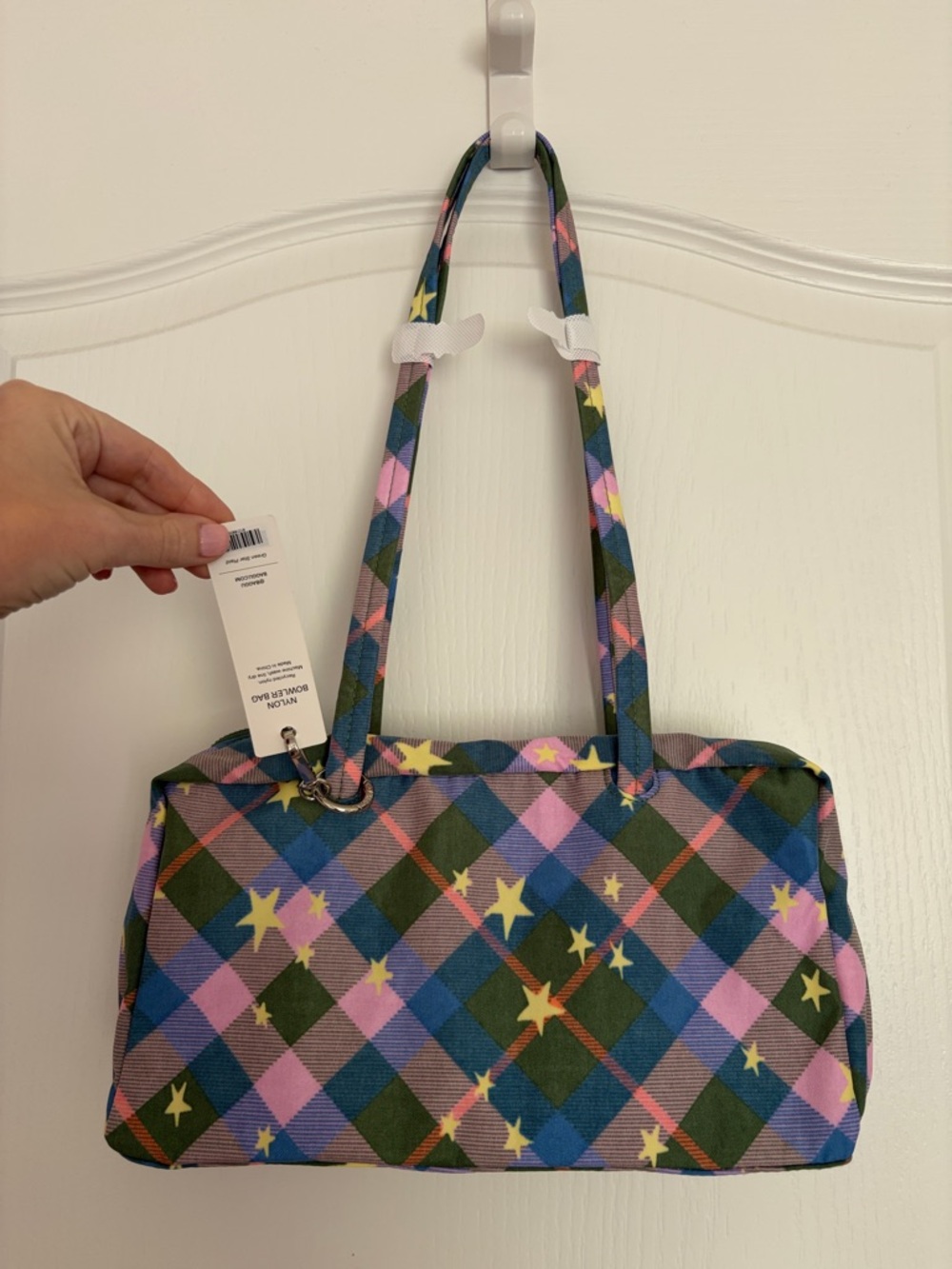 NWT BAGGU Green Star Plaid Regular Bowler Bag - Picture 3 of 4